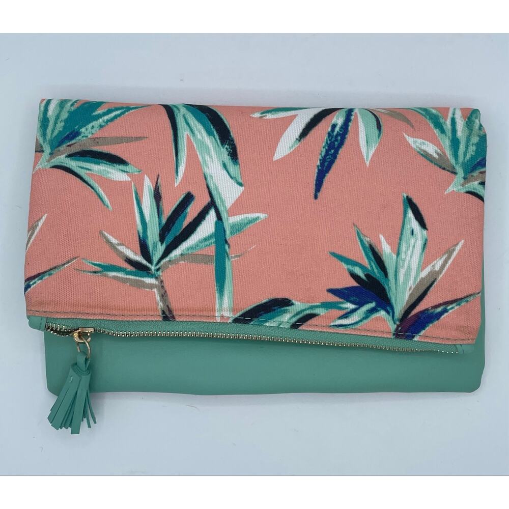 Rachel Pally Tropical Palm Leaf Foldover Clutch Pouch Coral Mint Green Zip Bag